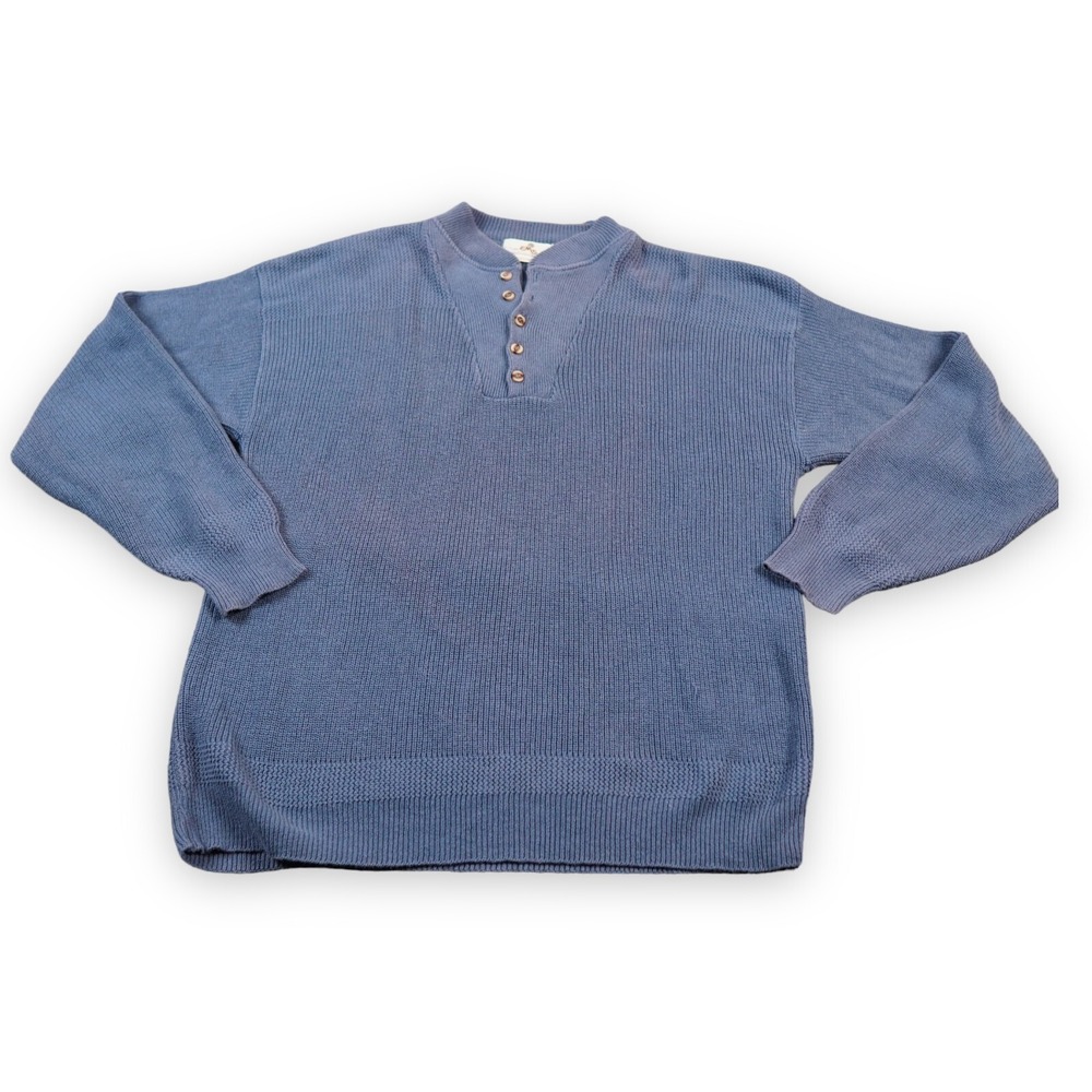 VTG Eastern Mountain Sports Sweater Mens L Blue Henley Pullover Made USA